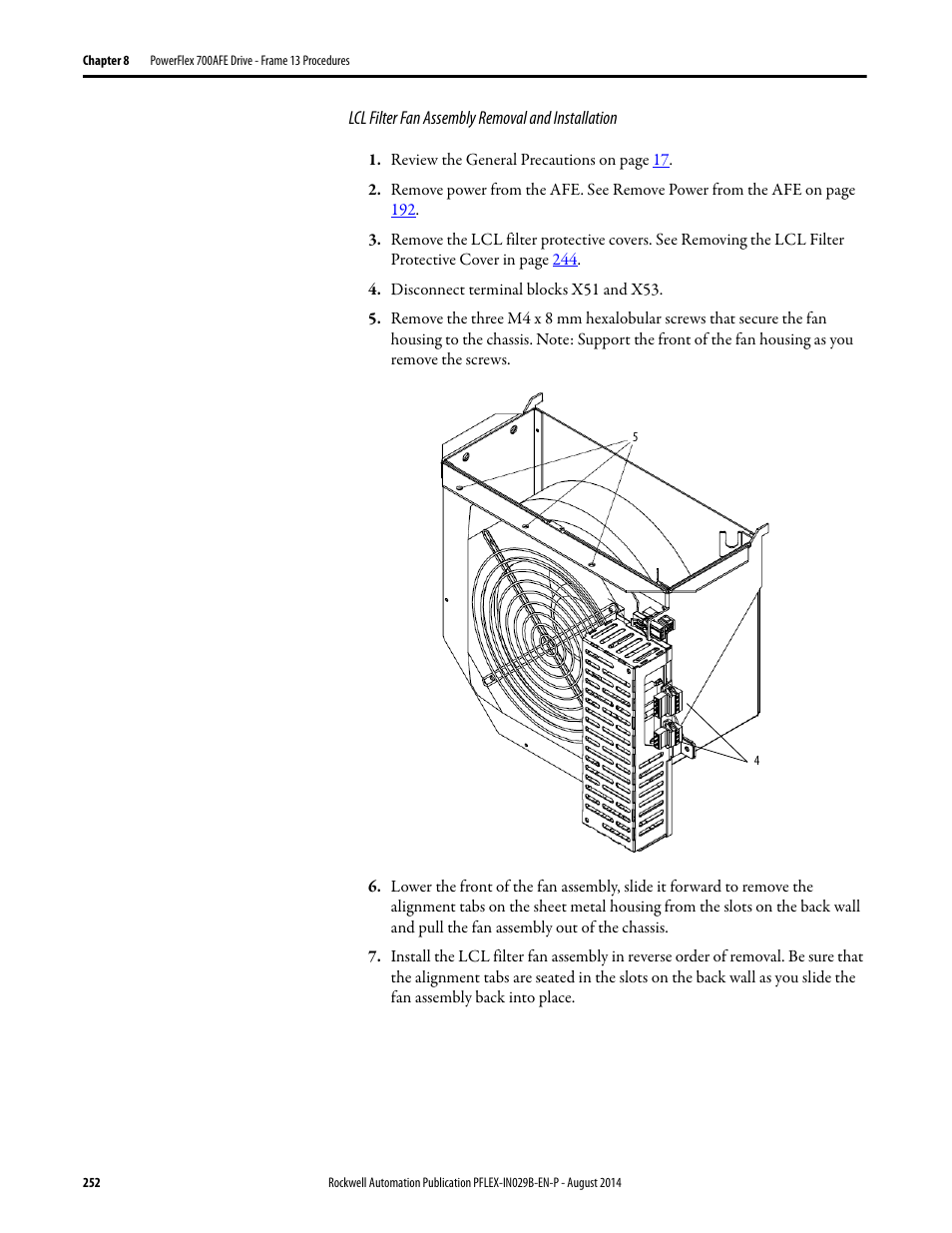 Lcl filter fan assembly removal and installation, E lcl filter fan assembly removal and installation | Rockwell Automation 20Y PowerFlex 700H, 700S, and 700AFE Drive Fan Systems, Frames 9...14 User Manual | Page 252 / 296