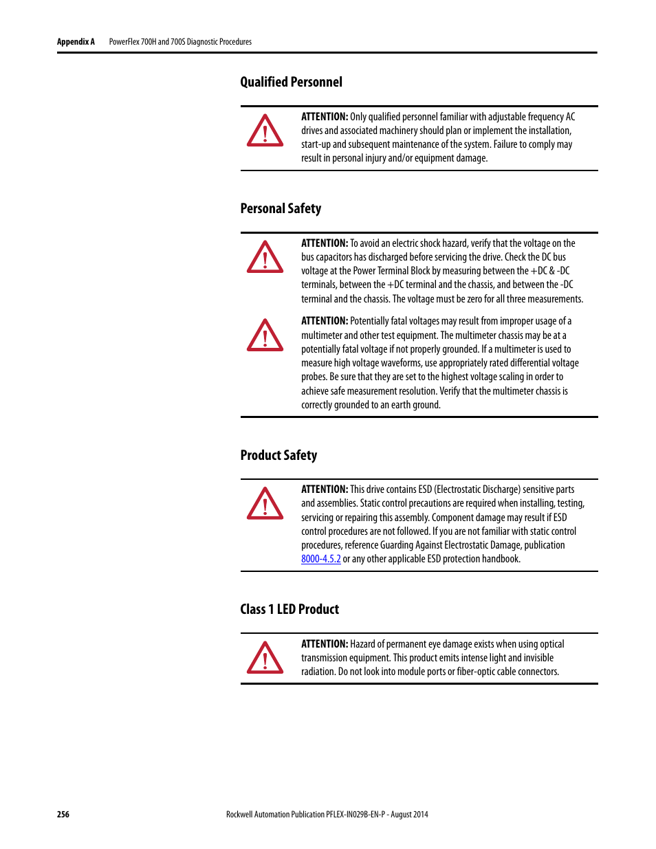 Qualified personnel, Personal safety, Product safety | Class 1 led product | Rockwell Automation 20Y PowerFlex 700H, 700S, and 700AFE Drive Fan Systems, Frames 9...14 User Manual | Page 256 / 296
