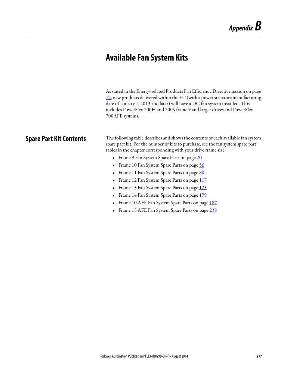 Appendix b - available fan system kits, Spare part kit contents, Spare part kit contents t | Appendix b, Available fan system kits, E available fan system kits s, Appendix b o, Appendix | Rockwell Automation 20Y PowerFlex 700H, 700S, and 700AFE Drive Fan Systems, Frames 9...14 User Manual | Page 277 / 296