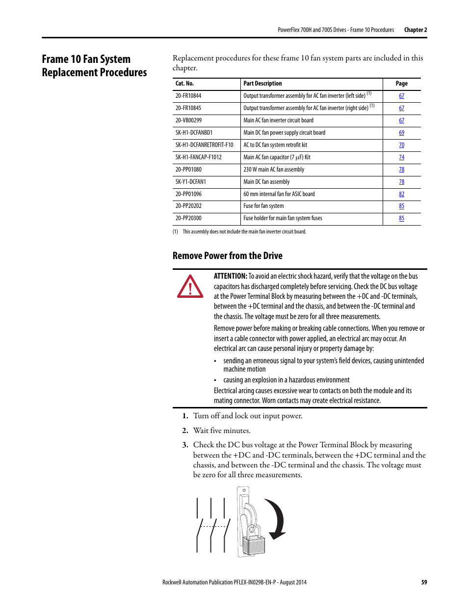 Frame 10 fan system replacement procedures, Remove power from the drive | Rockwell Automation 20Y PowerFlex 700H, 700S, and 700AFE Drive Fan Systems, Frames 9...14 User Manual | Page 59 / 296