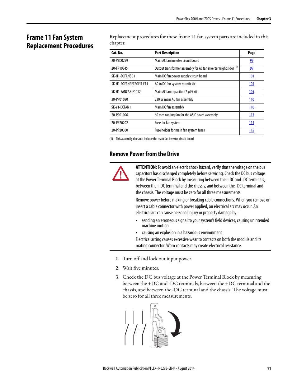 Frame 11 fan system replacement procedures, Remove power from the drive | Rockwell Automation 20Y PowerFlex 700H, 700S, and 700AFE Drive Fan Systems, Frames 9...14 User Manual | Page 91 / 296