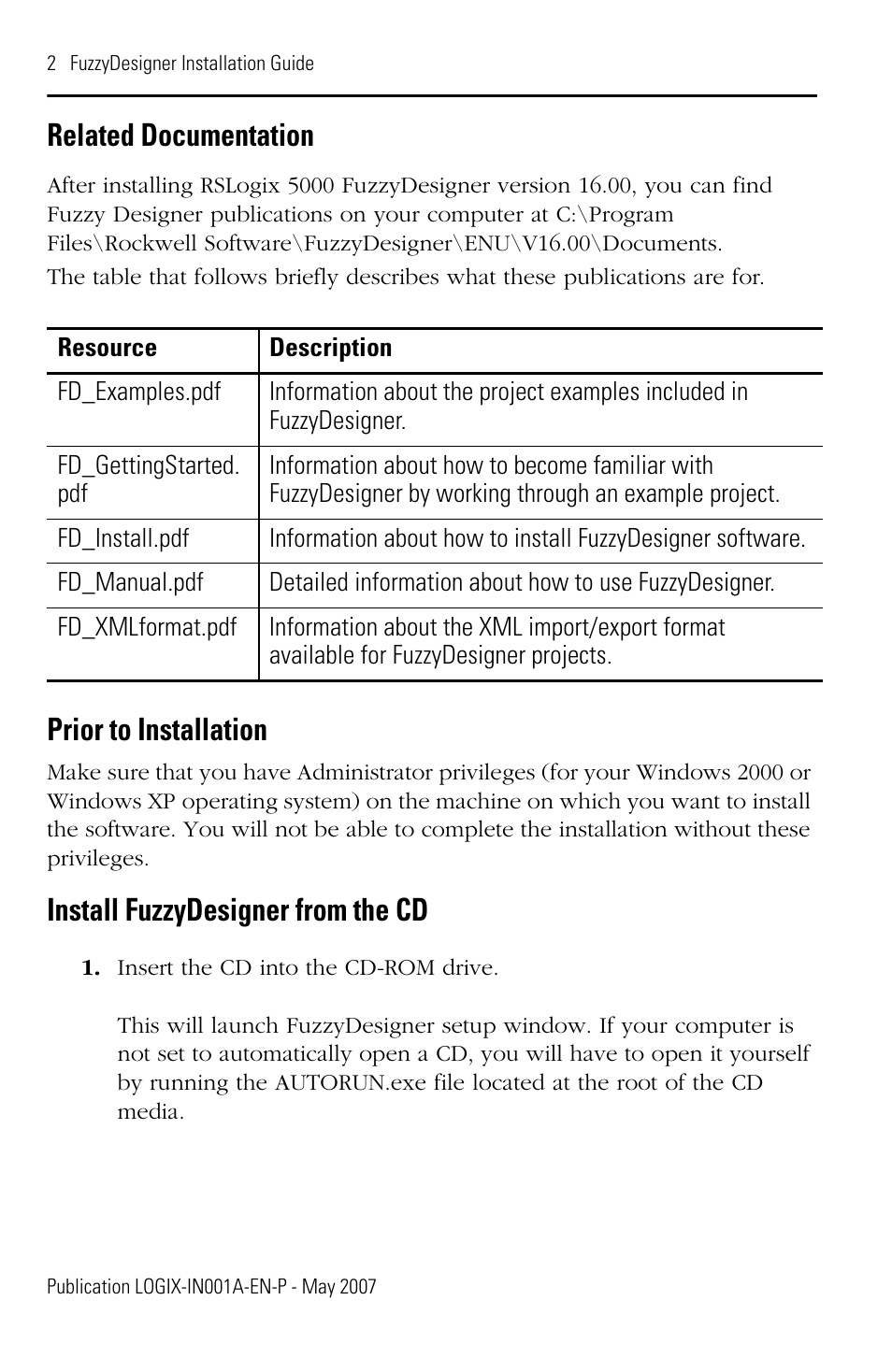 Related documentation, Prior to installation, Install fuzzydesigner from the cd | Rockwell Automation RSLogix 5000 FuzzyDesigner User Manual | Page 4 / 8