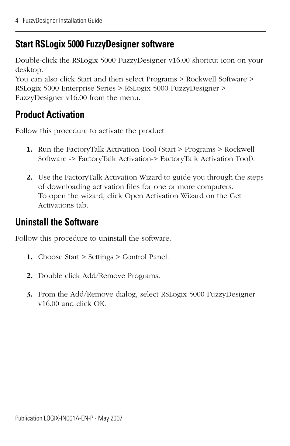 Start rslogix 5000 fuzzydesigner software, Product activation, Uninstall the software | Rockwell Automation RSLogix 5000 FuzzyDesigner User Manual | Page 6 / 8