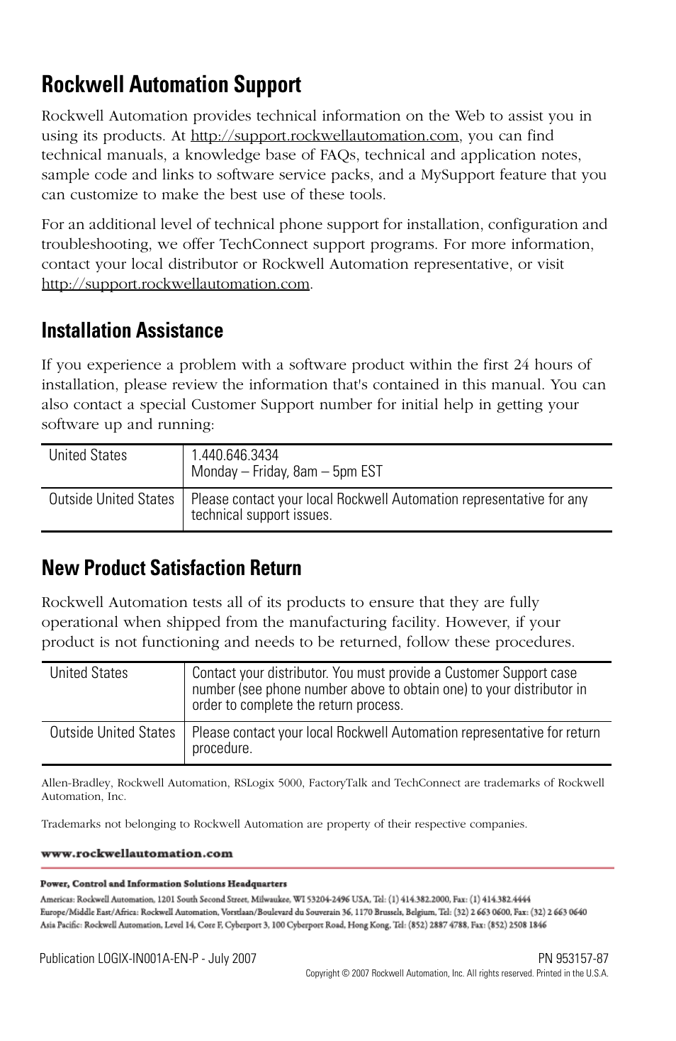 Back cover, Rockwell automation support, Installation assistance | New product satisfaction return | Rockwell Automation RSLogix 5000 FuzzyDesigner User Manual | Page 8 / 8