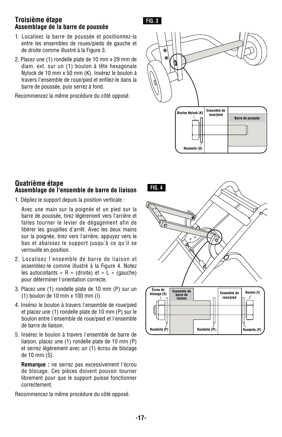 Quatrième étape, Troisième étape, Assemblage de l'ensemble de barre de liaison | Assemblage de la barre de poussée | Bosch T4B User Manual | Page 17 / 36