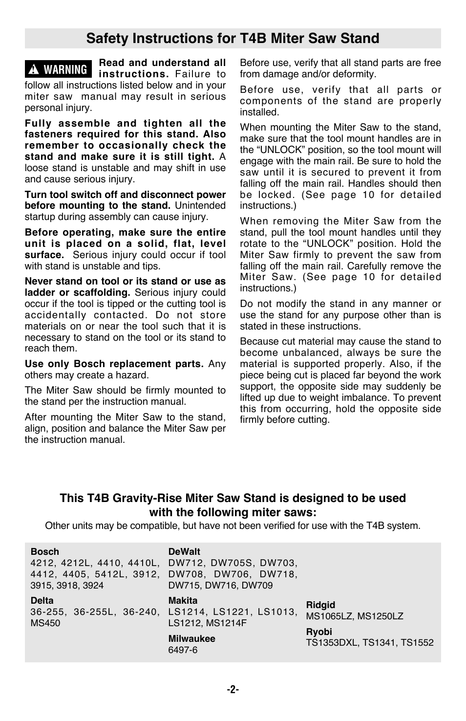Safety instructions for t4b miter saw stand, Warning | Bosch T4B User Manual | Page 2 / 36