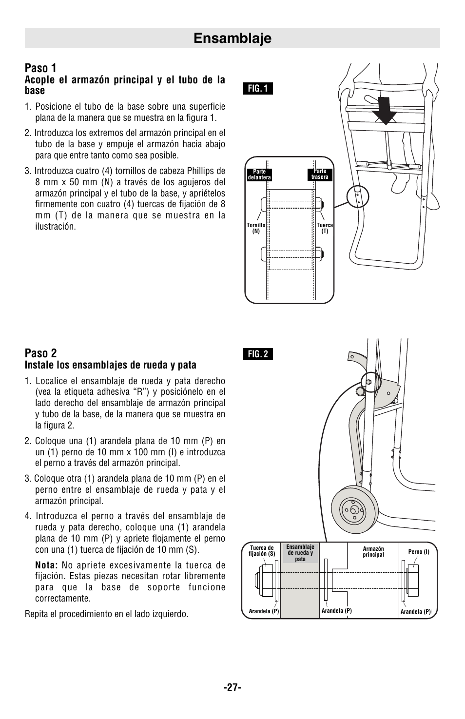 Ensamblaje, Paso 1, Paso 2 | Acople el armazón principal y el tubo de la base, Instale los ensamblajes de rueda y pata | Bosch T4B User Manual | Page 27 / 36