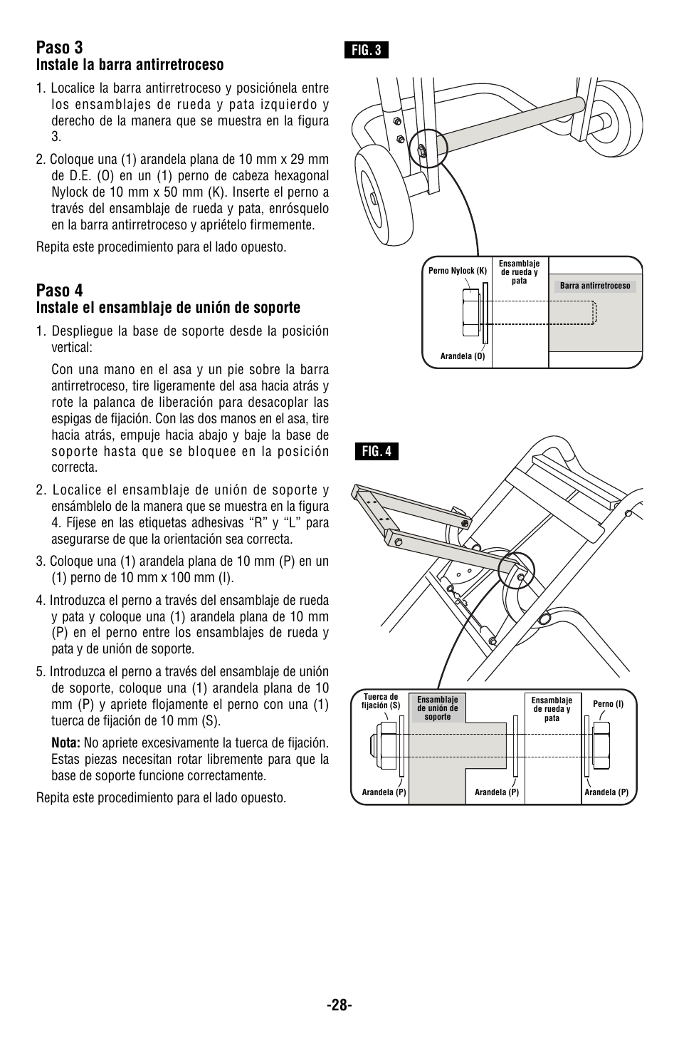 Paso 3, Paso 4, Instale la barra antirretroceso | Instale el ensamblaje de unión de soporte | Bosch T4B User Manual | Page 28 / 36