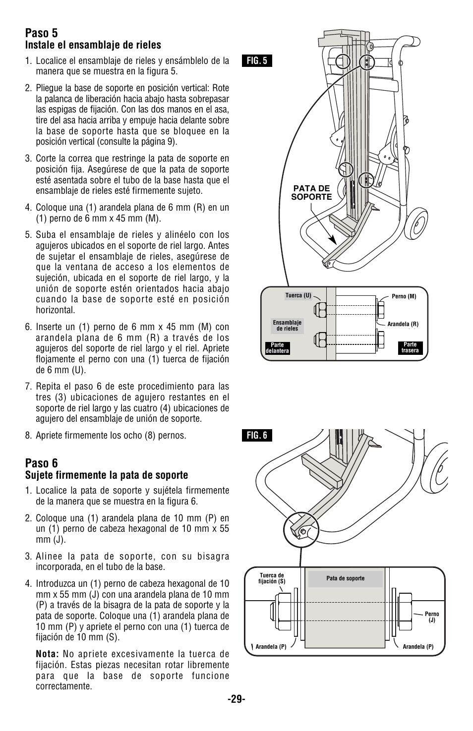 Paso 5, Paso 6, Instale el ensamblaje de rieles | Sujete firmemente la pata de soporte | Bosch T4B User Manual | Page 29 / 36