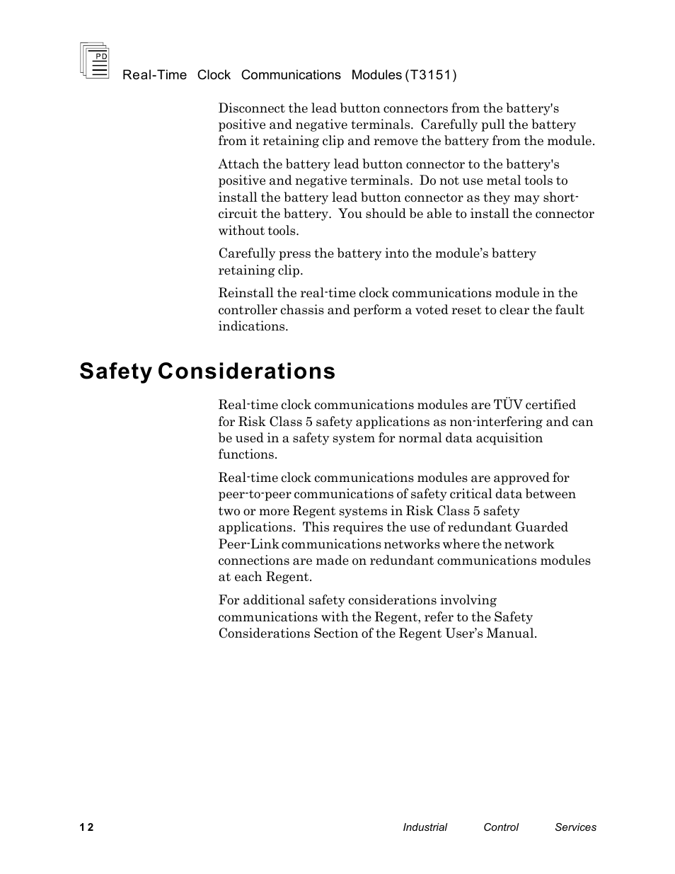 Safety considerations | Rockwell Automation T3151 ICS Regent Real time Clock Communications Modules User Manual | Page 12 / 14