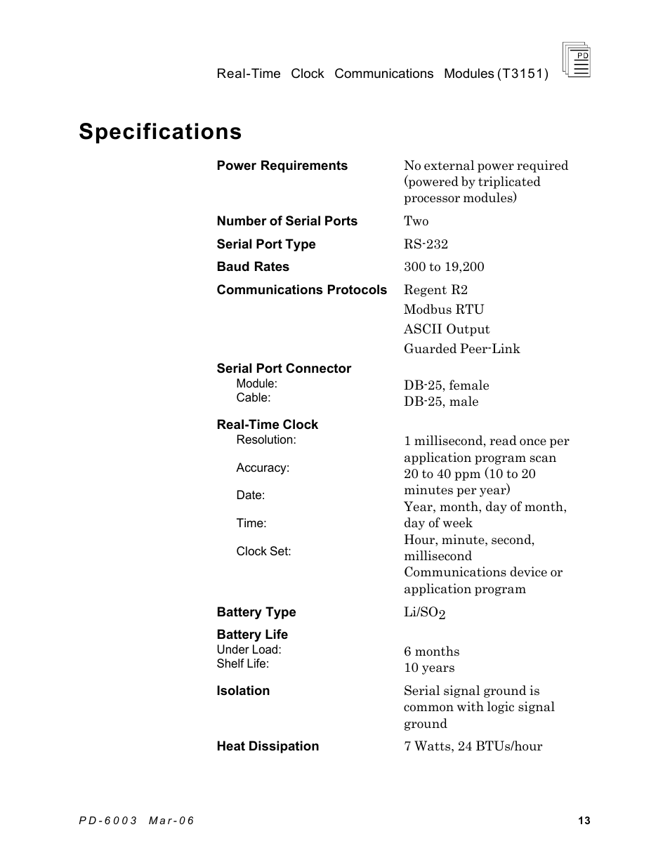 Specifications | Rockwell Automation T3151 ICS Regent Real time Clock Communications Modules User Manual | Page 13 / 14