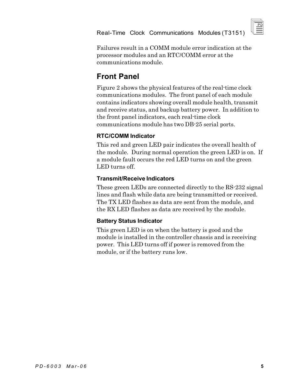 Front panel | Rockwell Automation T3151 ICS Regent Real time Clock Communications Modules User Manual | Page 5 / 14