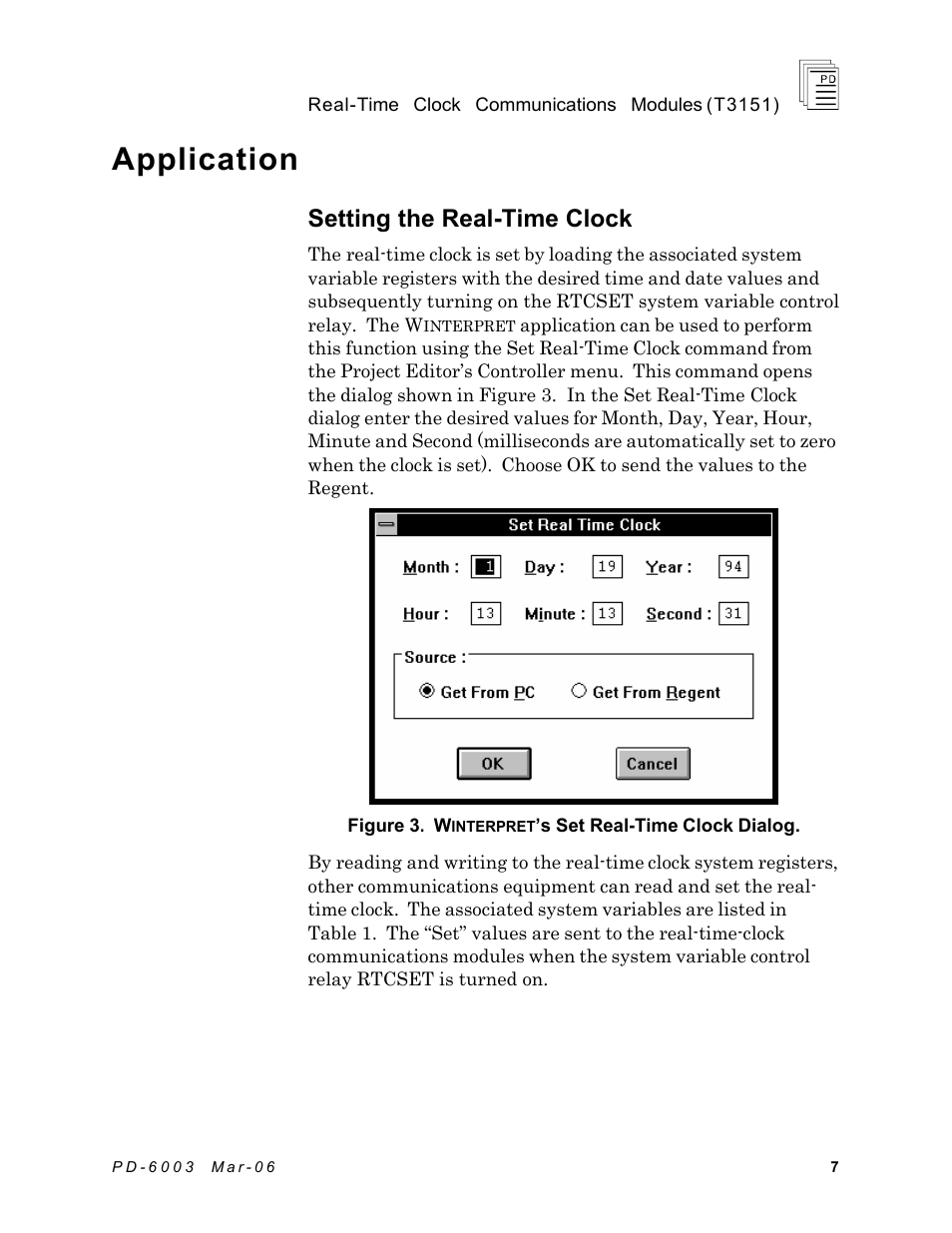 Application, Setting the real-time clock | Rockwell Automation T3151 ICS Regent Real time Clock Communications Modules User Manual | Page 7 / 14