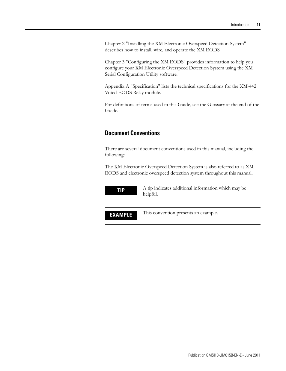 Document conventions | Rockwell Automation 1606-XLP XM Electronic Overspeed Detection System User Manual | Page 11 / 72