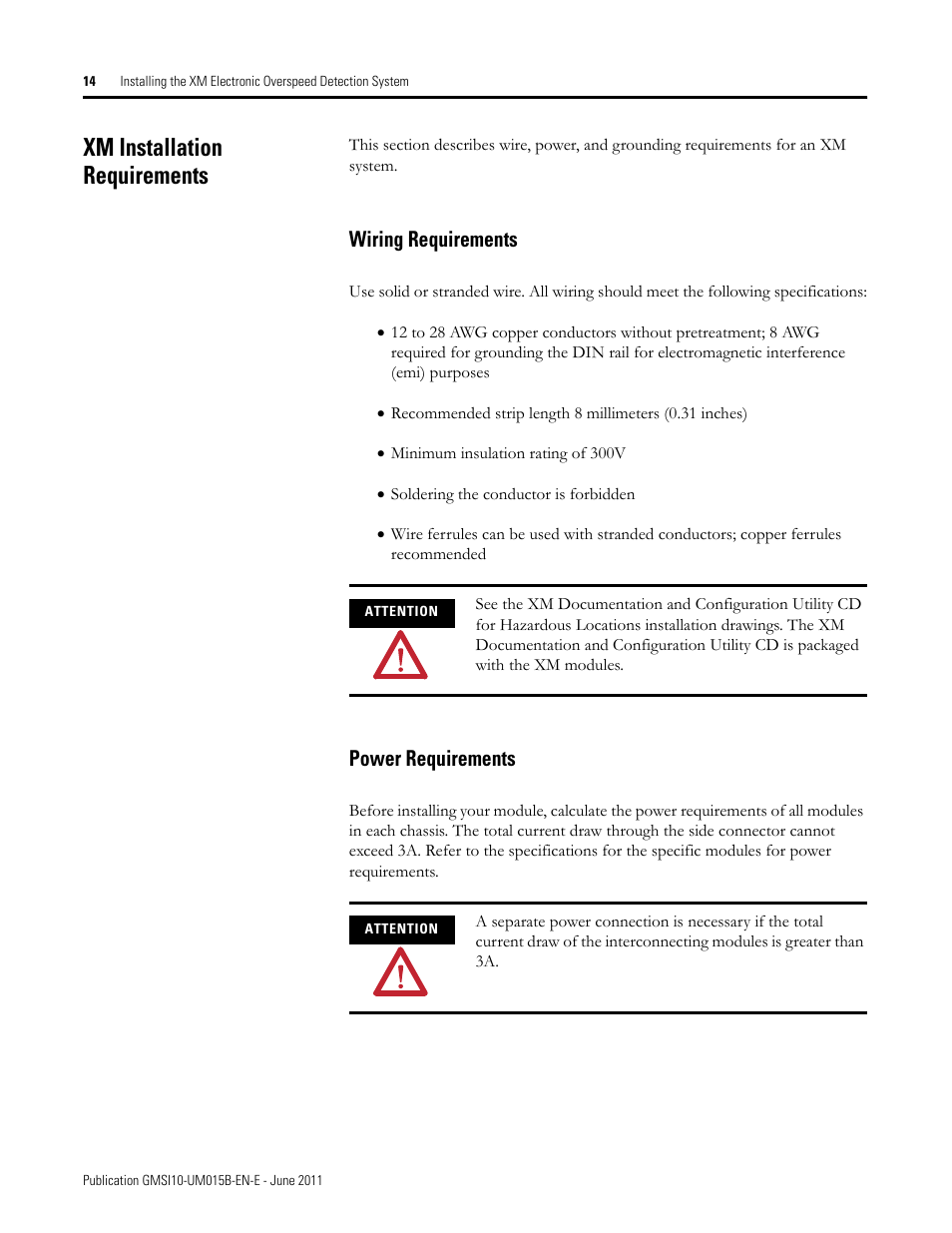 Xm installation requirements, Wiring requirements, Power requirements | Wiring requirements power requirements | Rockwell Automation 1606-XLP XM Electronic Overspeed Detection System User Manual | Page 14 / 72