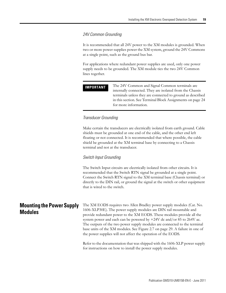 Mounting the power supply modules | Rockwell Automation 1606-XLP XM Electronic Overspeed Detection System User Manual | Page 19 / 72