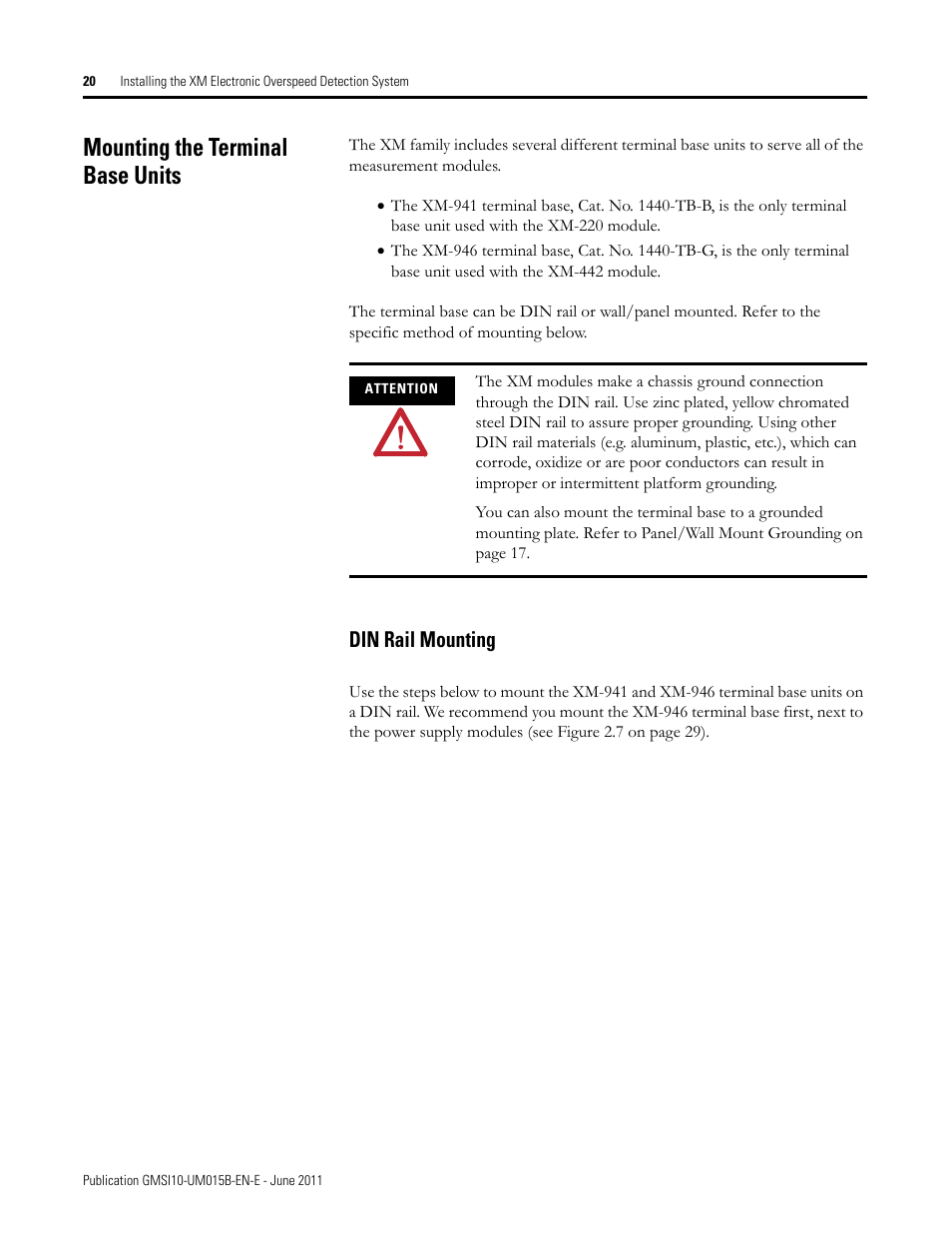 Mounting the terminal base units, Din rail mounting | Rockwell Automation 1606-XLP XM Electronic Overspeed Detection System User Manual | Page 20 / 72