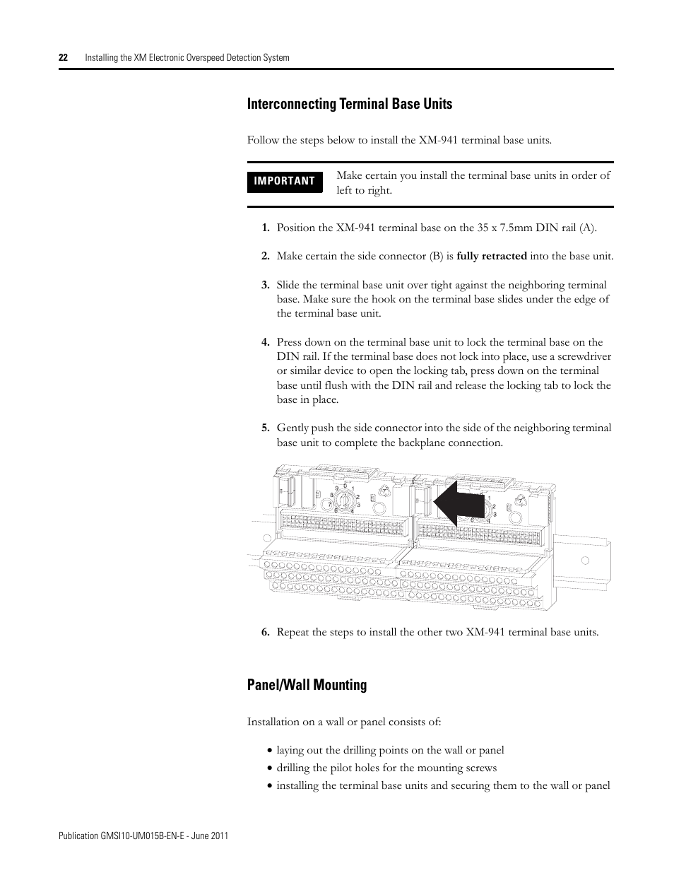Interconnecting terminal base units, Panel/wall mounting | Rockwell Automation 1606-XLP XM Electronic Overspeed Detection System User Manual | Page 22 / 72