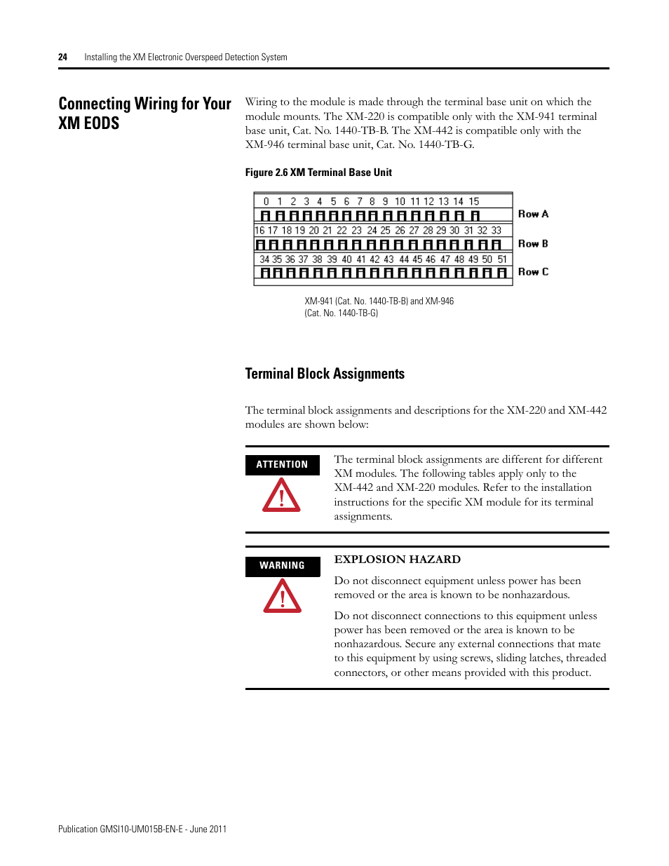 Connecting wiring for your xm eods, Terminal block assignments | Rockwell Automation 1606-XLP XM Electronic Overspeed Detection System User Manual | Page 24 / 72