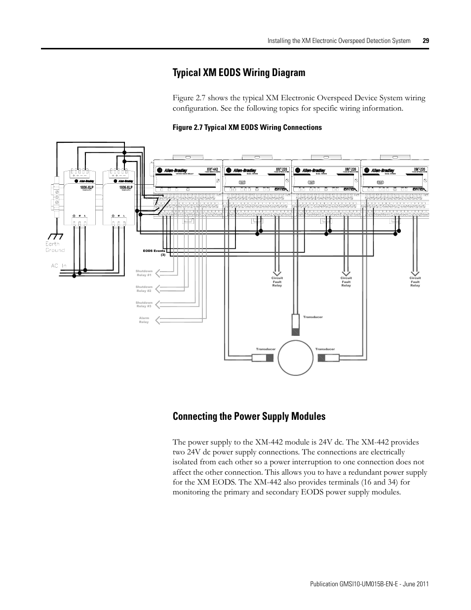 Typical xm eods wiring diagram, Connecting the power supply modules, Figure 2.7 typical xm eods wiring connections | Rockwell Automation 1606-XLP XM Electronic Overspeed Detection System User Manual | Page 29 / 72