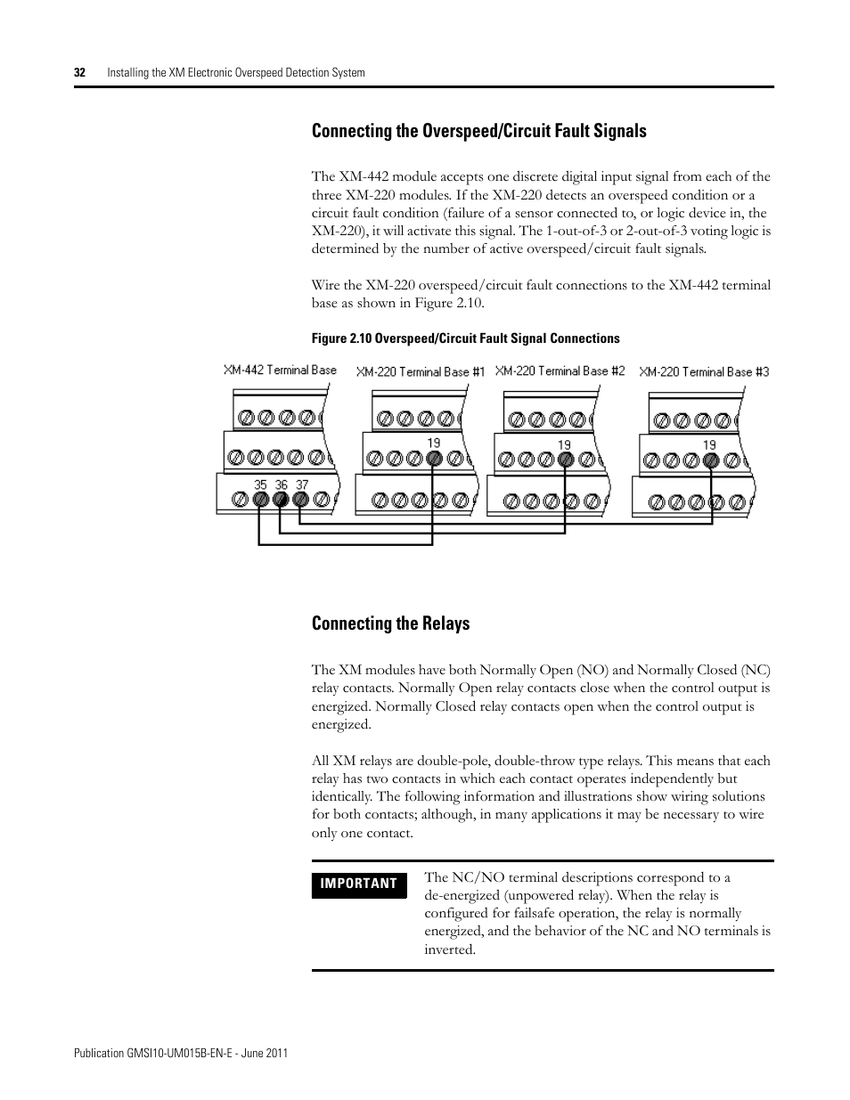 Connecting the overspeed/circuit fault signals, Connecting the relays | Rockwell Automation 1606-XLP XM Electronic Overspeed Detection System User Manual | Page 32 / 72