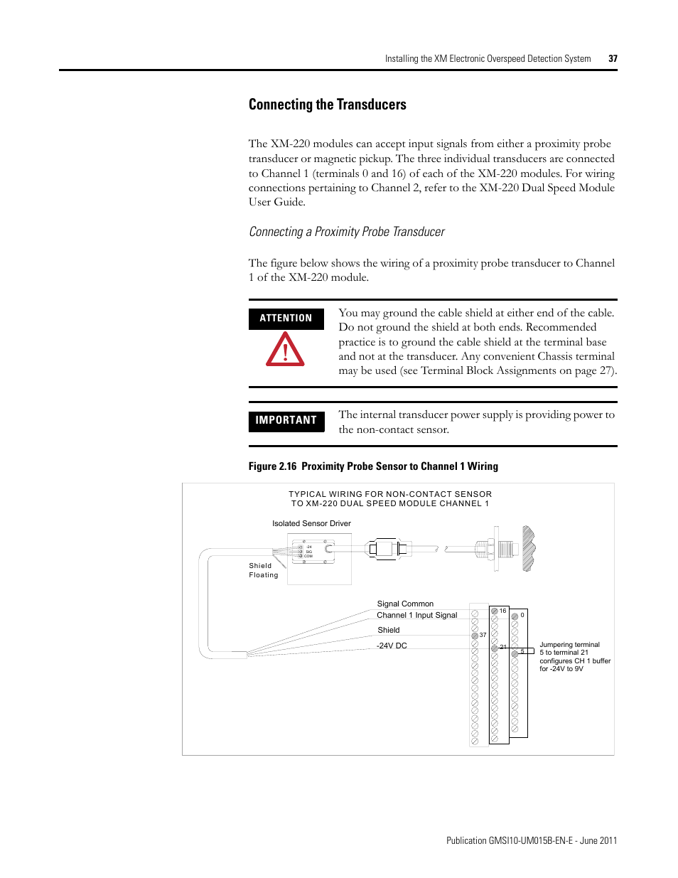 Connecting the transducers, Connecting a proximity probe transducer, Important | Rockwell Automation 1606-XLP XM Electronic Overspeed Detection System User Manual | Page 37 / 72