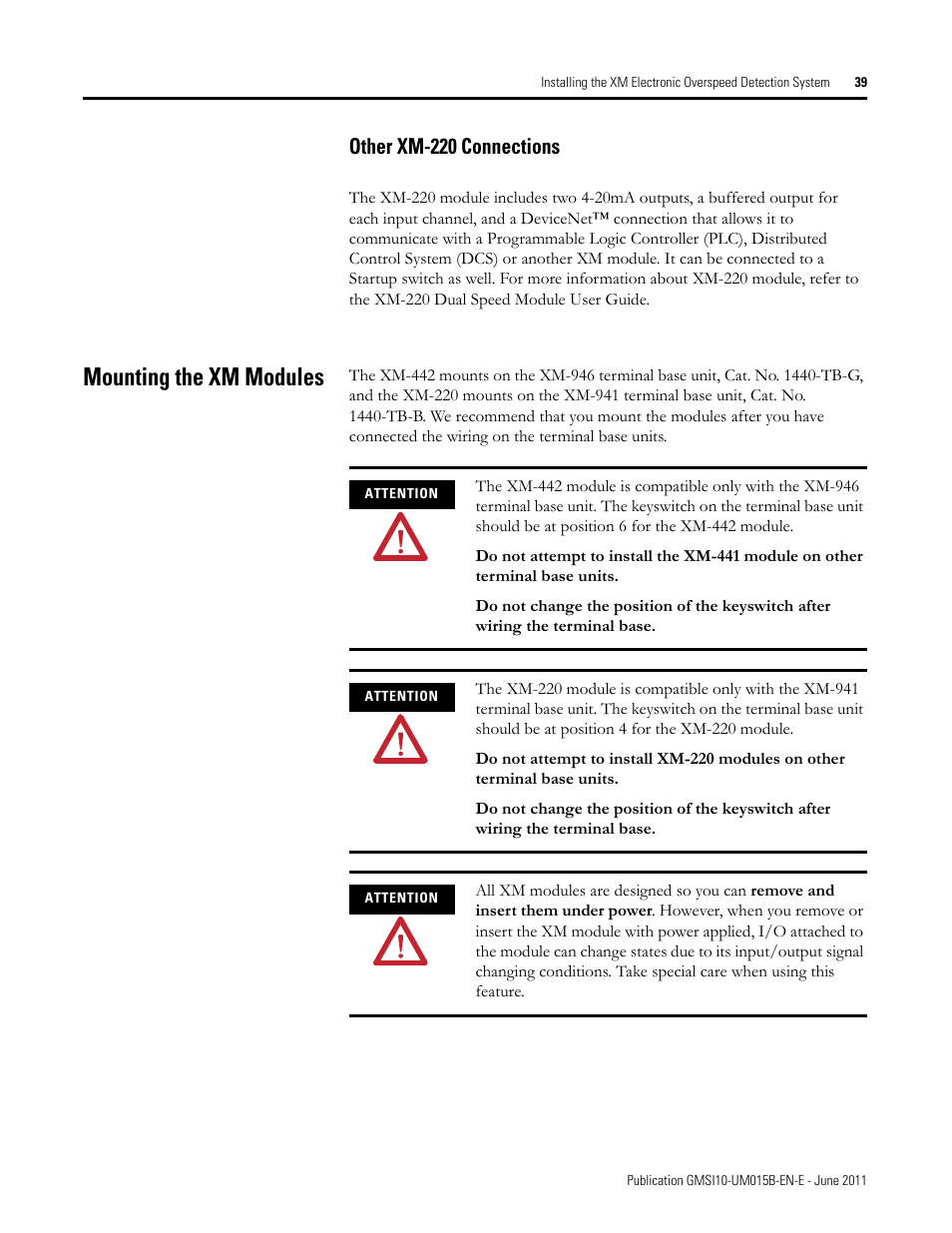 Other xm-220 connections, Mounting the xm modules | Rockwell Automation 1606-XLP XM Electronic Overspeed Detection System User Manual | Page 39 / 72