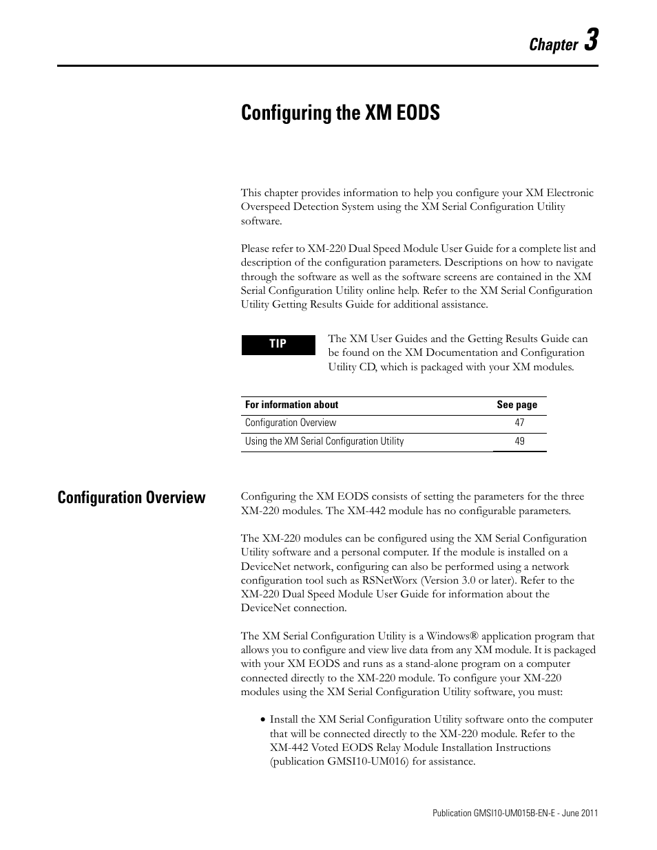 3 - configuring the xm eods, Configuration overview, Chapter 3 | Configuring the xm eods, Chapter | Rockwell Automation 1606-XLP XM Electronic Overspeed Detection System User Manual | Page 47 / 72