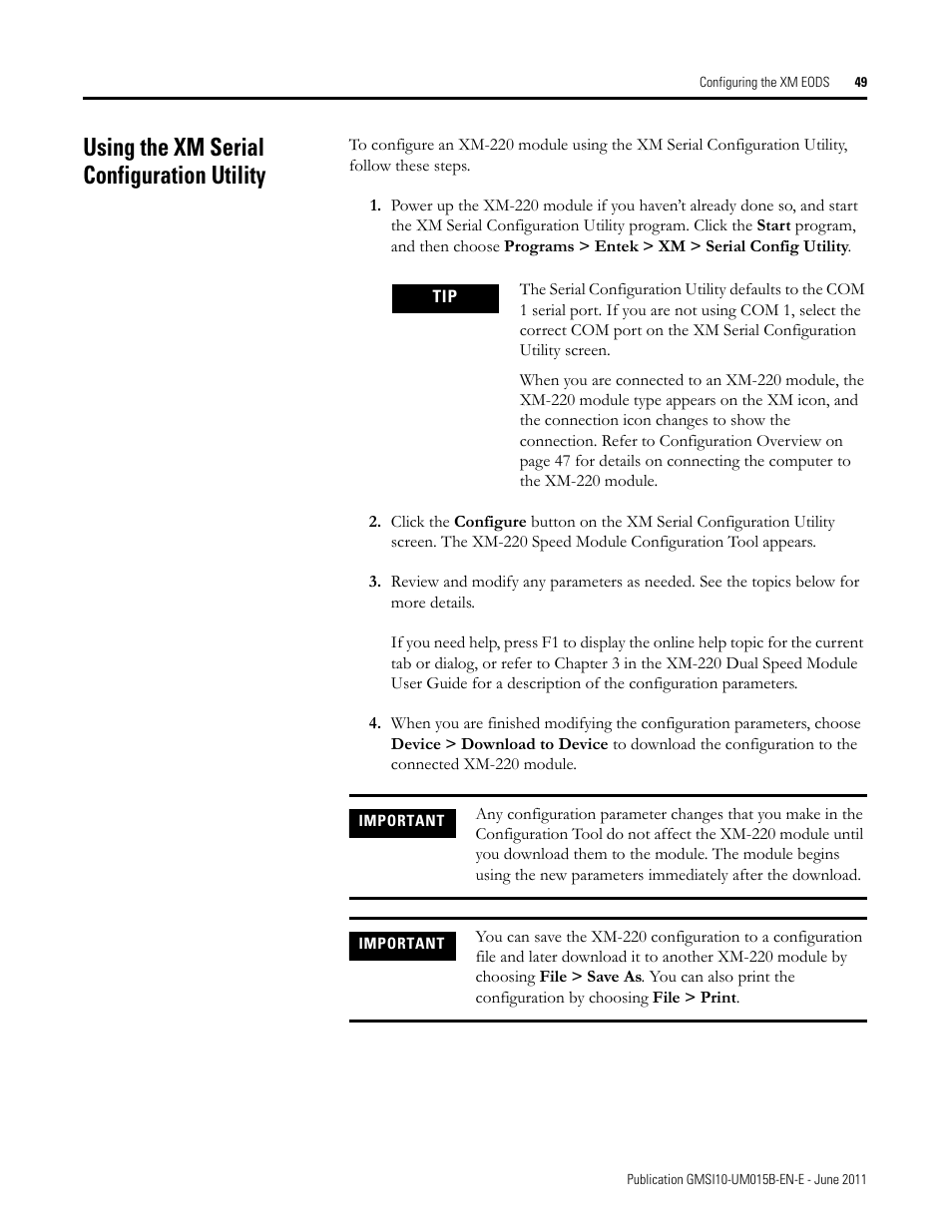 Using the xm serial configuration utility | Rockwell Automation 1606-XLP XM Electronic Overspeed Detection System User Manual | Page 49 / 72