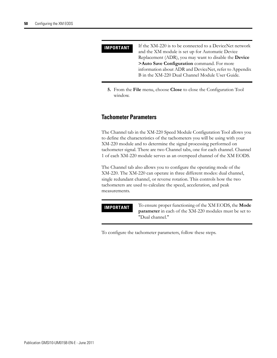 Tachometer parameters | Rockwell Automation 1606-XLP XM Electronic Overspeed Detection System User Manual | Page 50 / 72