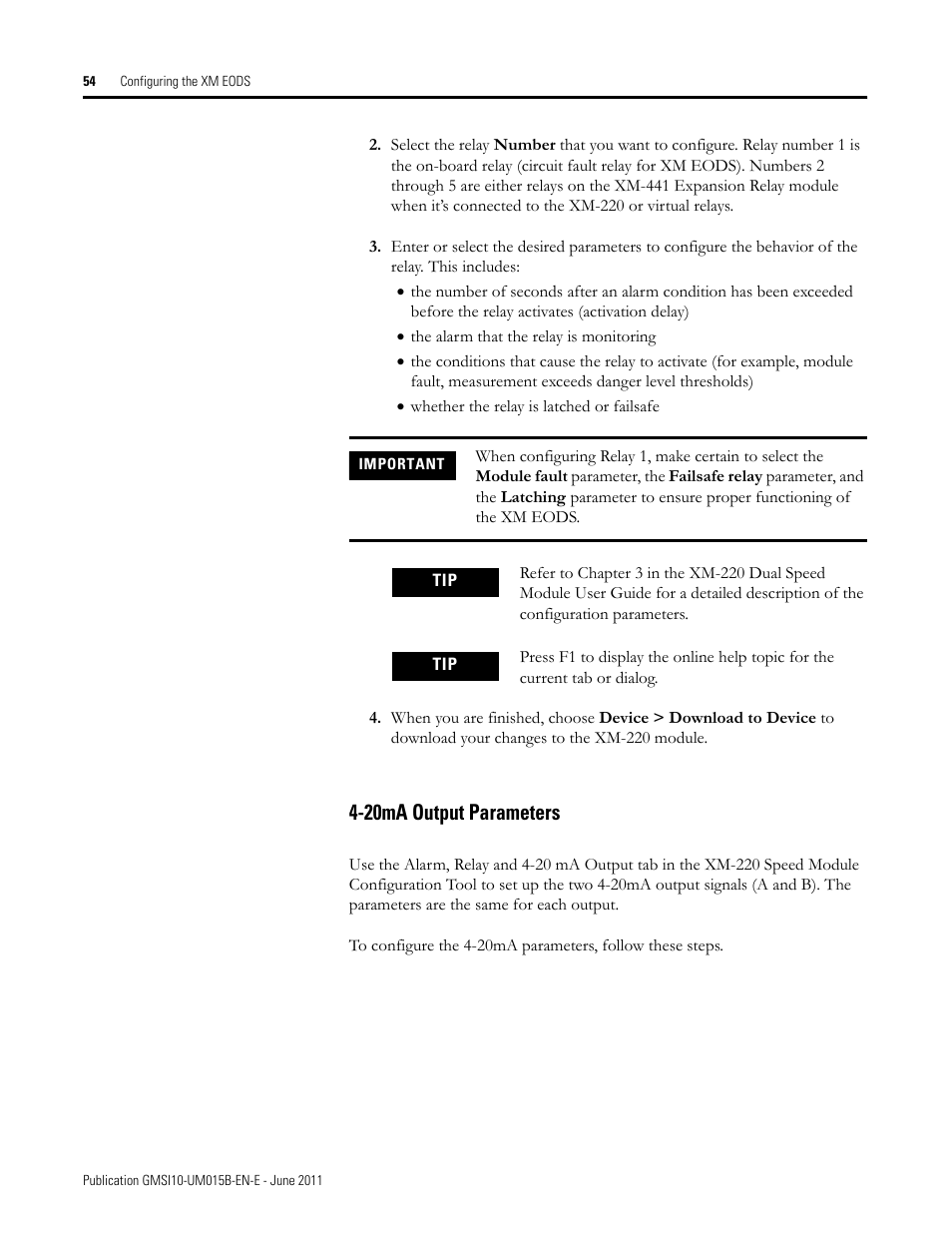 20ma output parameters | Rockwell Automation 1606-XLP XM Electronic Overspeed Detection System User Manual | Page 54 / 72