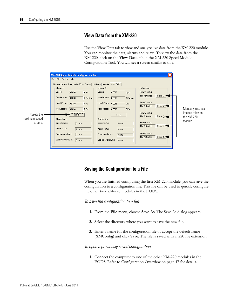 View data from the xm-220, Saving the configuration to a file | Rockwell Automation 1606-XLP XM Electronic Overspeed Detection System User Manual | Page 56 / 72
