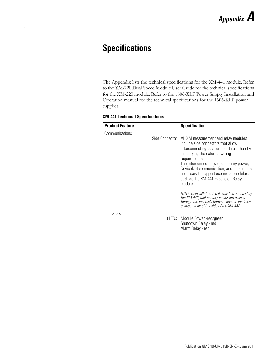 A - specifications, Appendix a, Specifications | Appendix | Rockwell Automation 1606-XLP XM Electronic Overspeed Detection System User Manual | Page 59 / 72