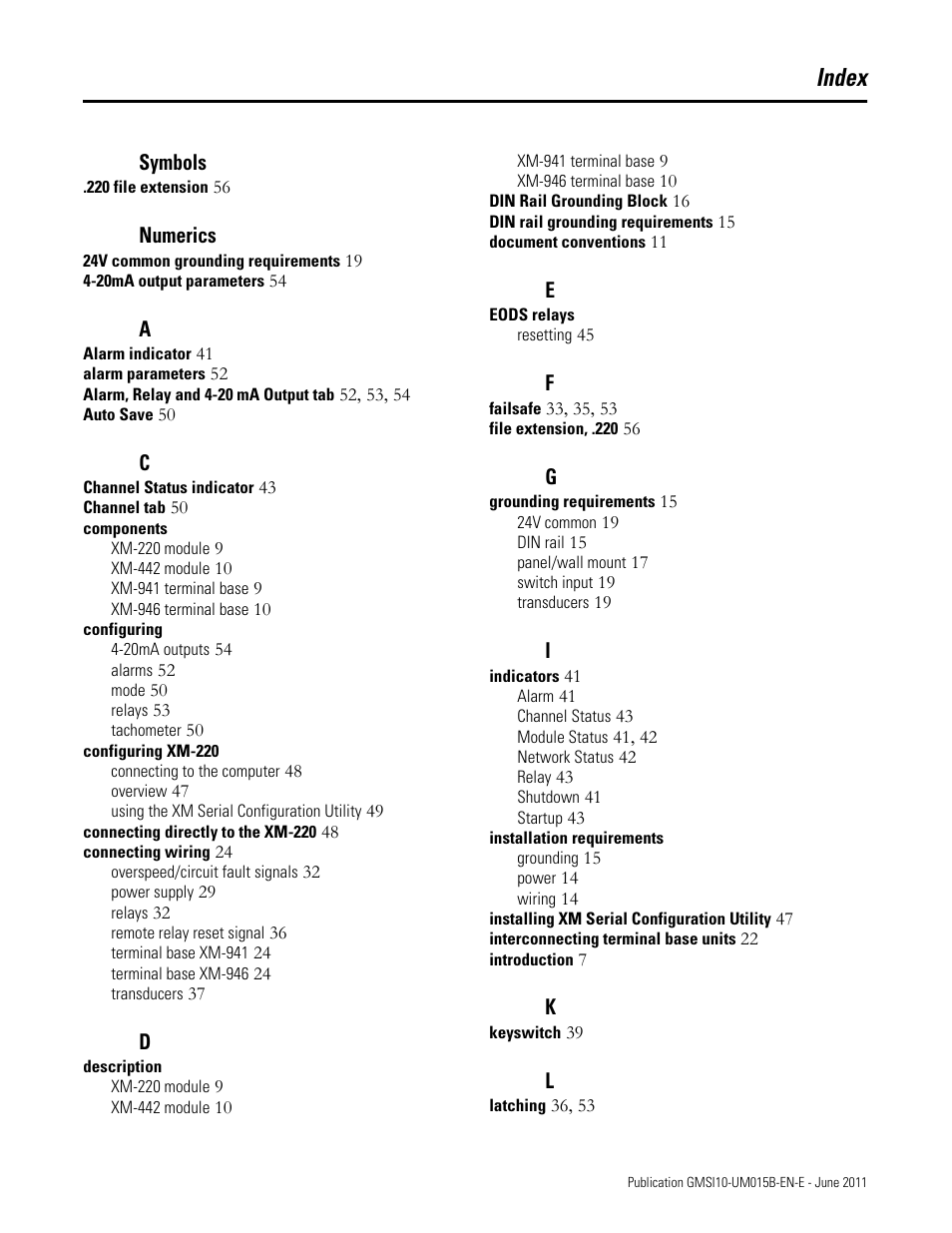 Index | Rockwell Automation 1606-XLP XM Electronic Overspeed Detection System User Manual | Page 67 / 72