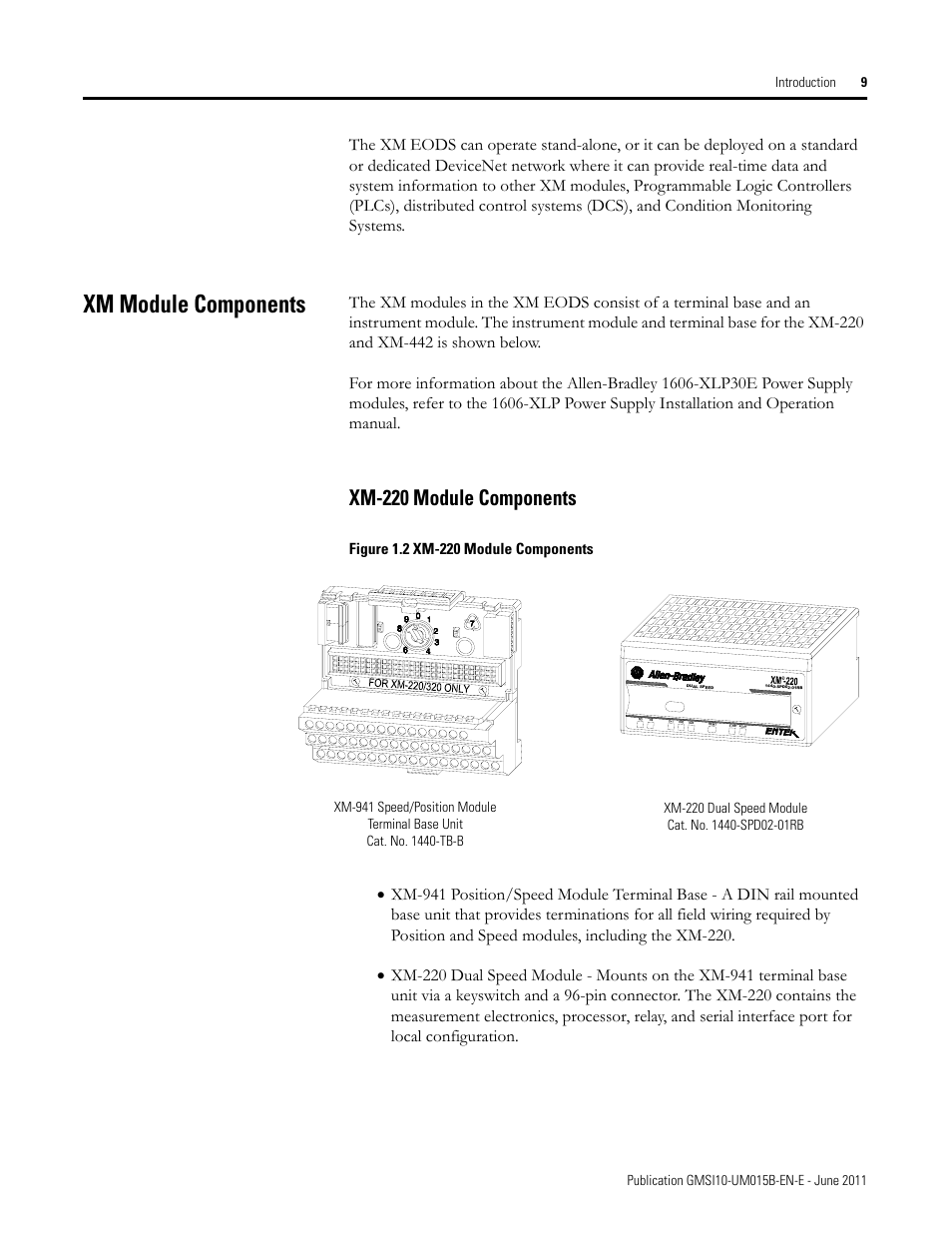 Xm module components, Xm-220 module components | Rockwell Automation 1606-XLP XM Electronic Overspeed Detection System User Manual | Page 9 / 72