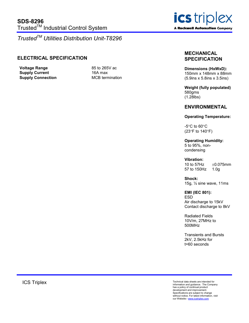 Electrical specification, Sds-8296 trusted, Industrial control system trusted | Utilities distribution unit-t8296 | Rockwell Automation T8296 Trusted Utilities Distribution Unit User Manual | Page 2 / 2