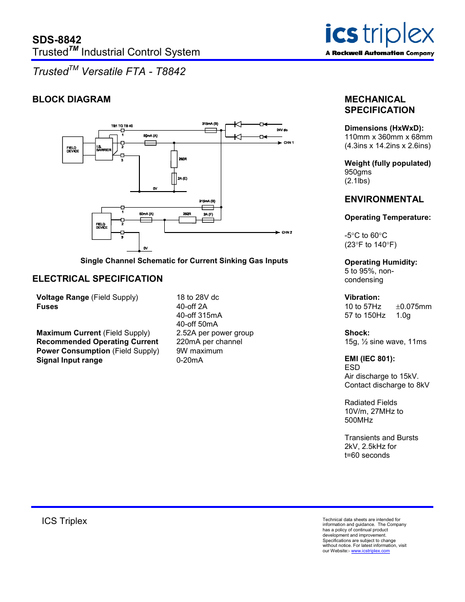 Block diagram, Electrical specification, Sds-8842 trusted | Industrial control system trusted, Versatile fta - t8842 | Rockwell Automation T8842 Trusted Versatile FTA User Manual | Page 2 / 2