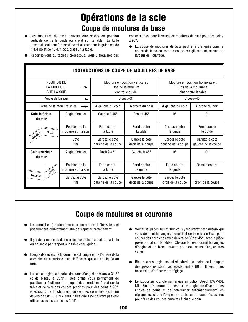 Opérations de la scie, Coupe de moulures de base, Coupe de moulures en couronne | Instructions de coupe de moulures de base | Bosch 5412L User Manual | Page 100 / 112