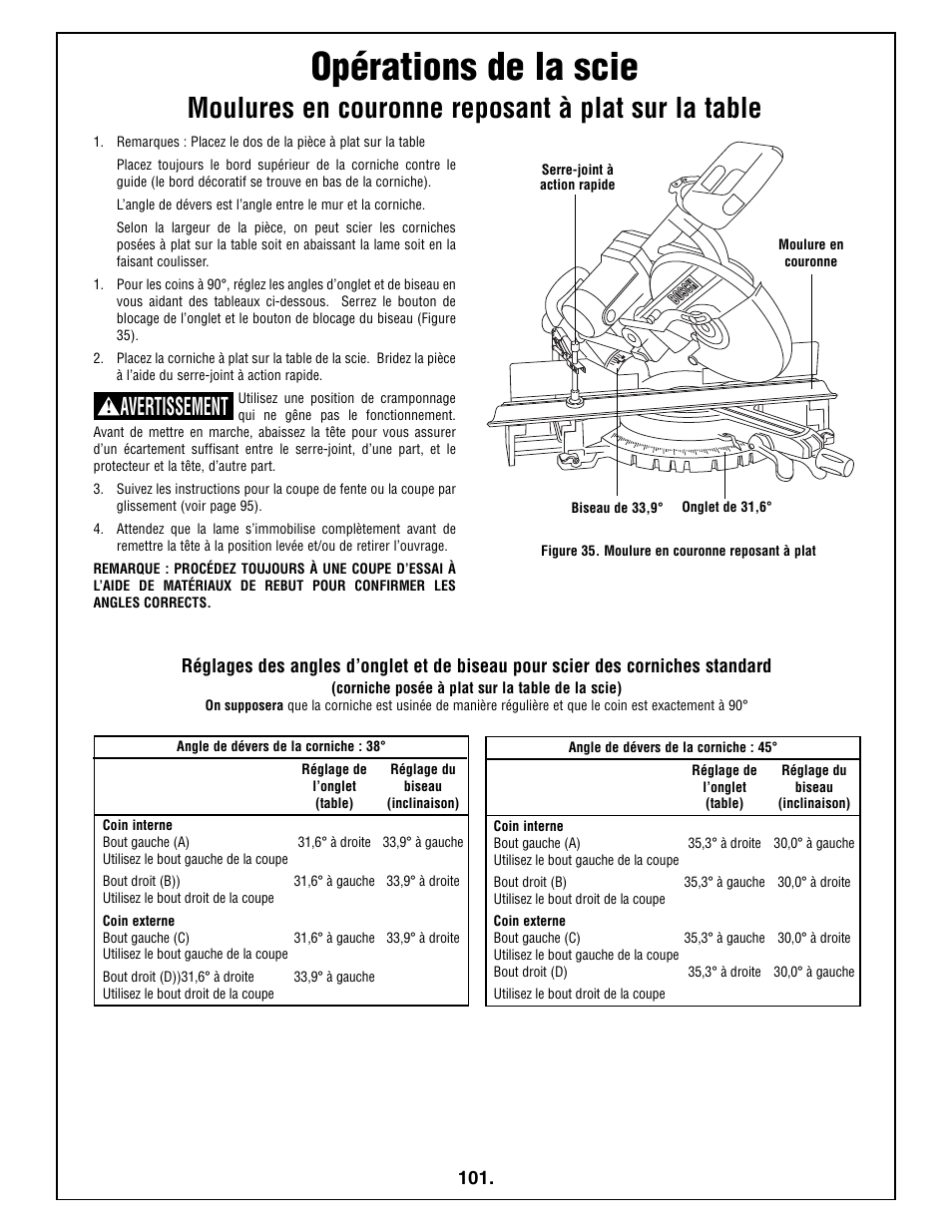 Opérations de la scie, Moulures en couronne reposant à plat sur la table, Avertissement | Bosch 5412L User Manual | Page 101 / 112