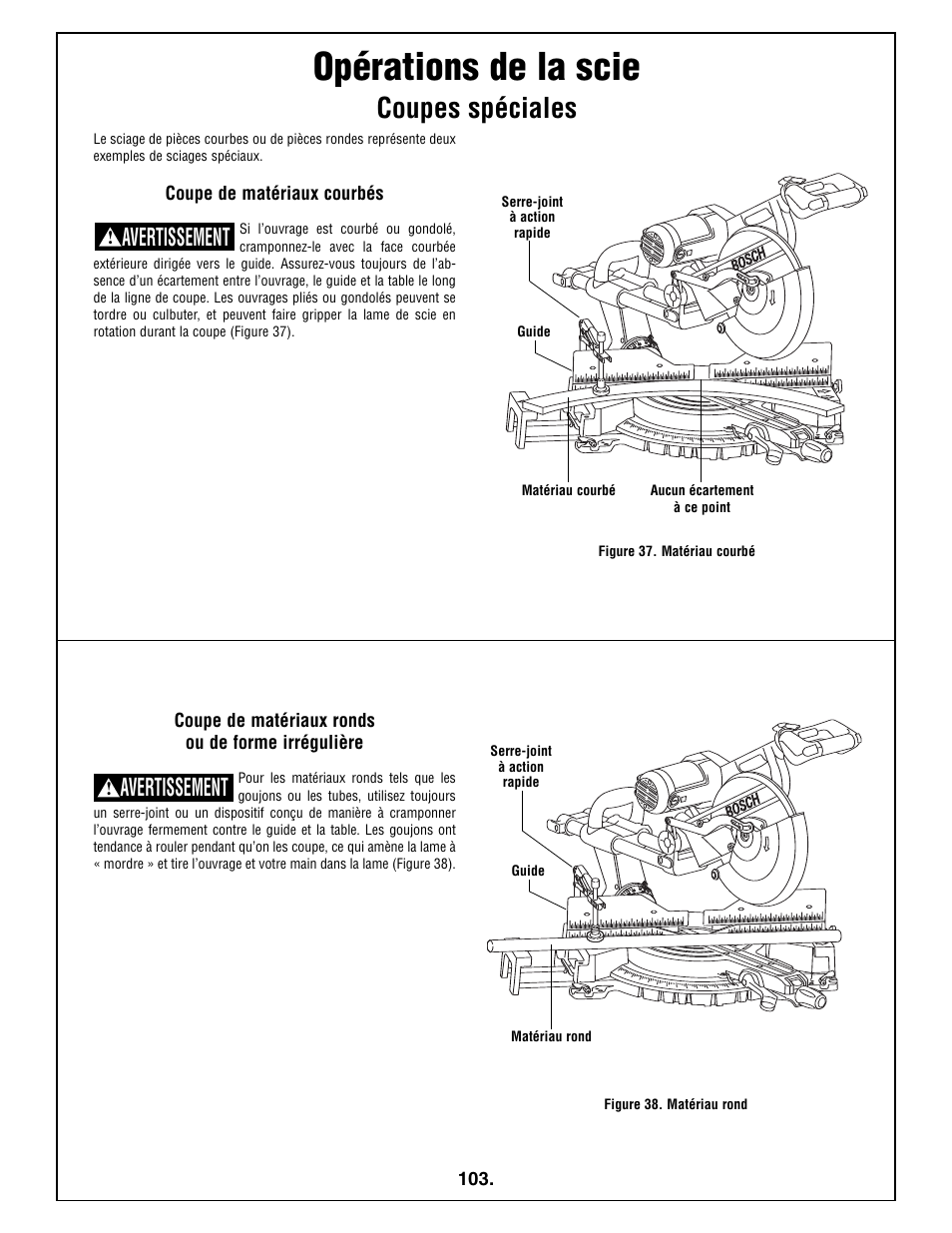 Opérations de la scie, Coupes spéciales, Avertissement | Bosch 5412L User Manual | Page 103 / 112