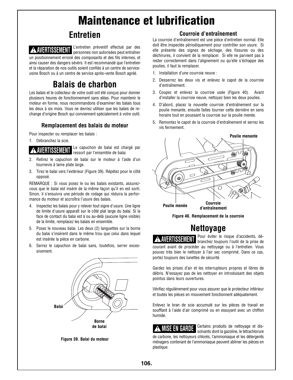 Maintenance et lubrification, Entretien, Balais de charbon | Nettoyage, Avertissement, Mise en garde | Bosch 5412L User Manual | Page 106 / 112