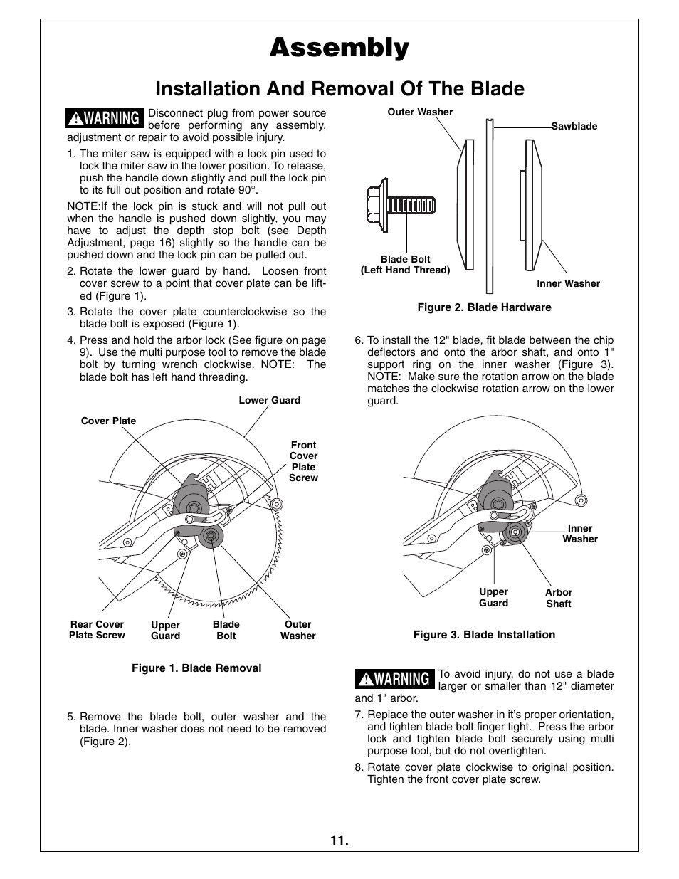 Assembly, Installation and removal of the blade, Warning | Bosch 5412L User Manual | Page 11 / 112