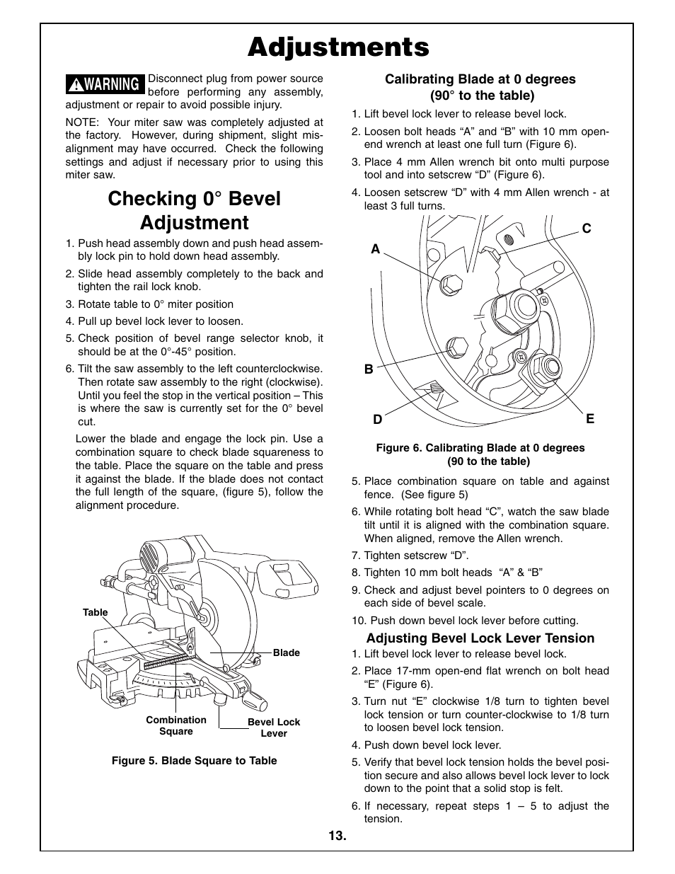 Adjustments, Checking 0° bevel adjustment, Warning | Bosch 5412L User Manual | Page 13 / 112