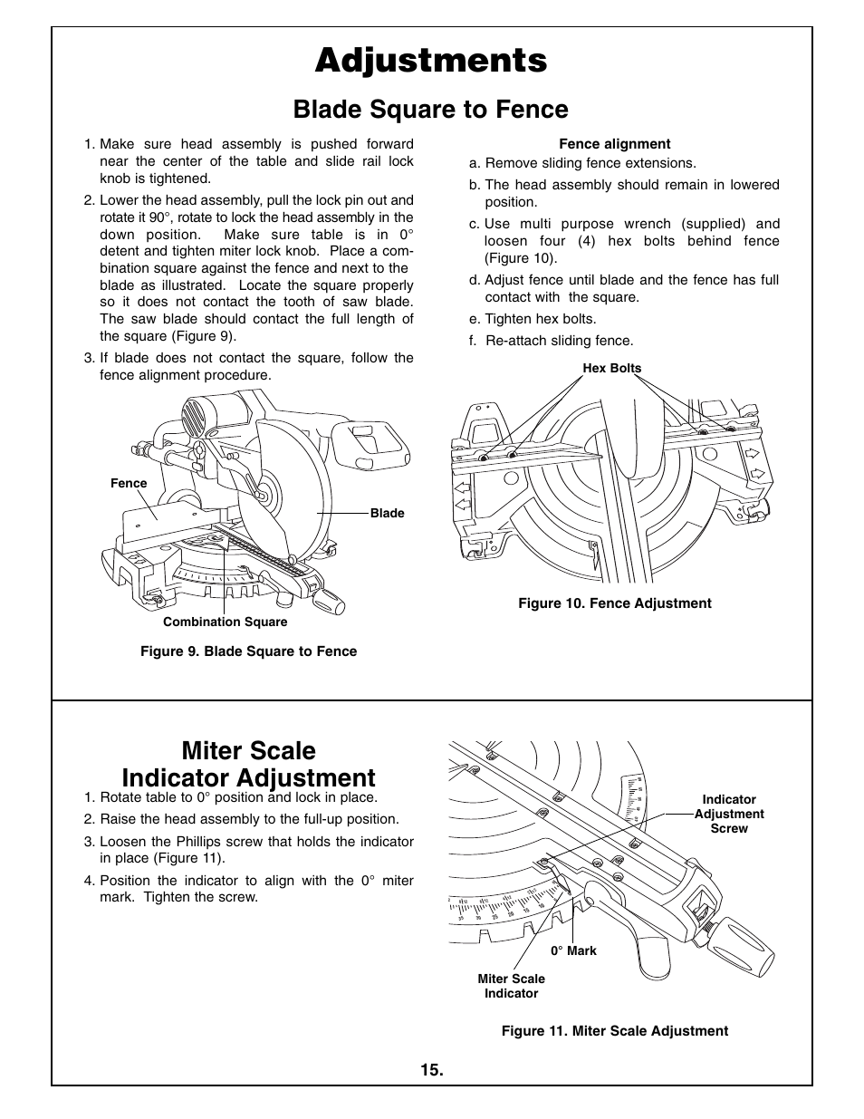 Adjustments, Blade square to fence, Miter scale indicator adjustment | Bosch 5412L User Manual | Page 15 / 112