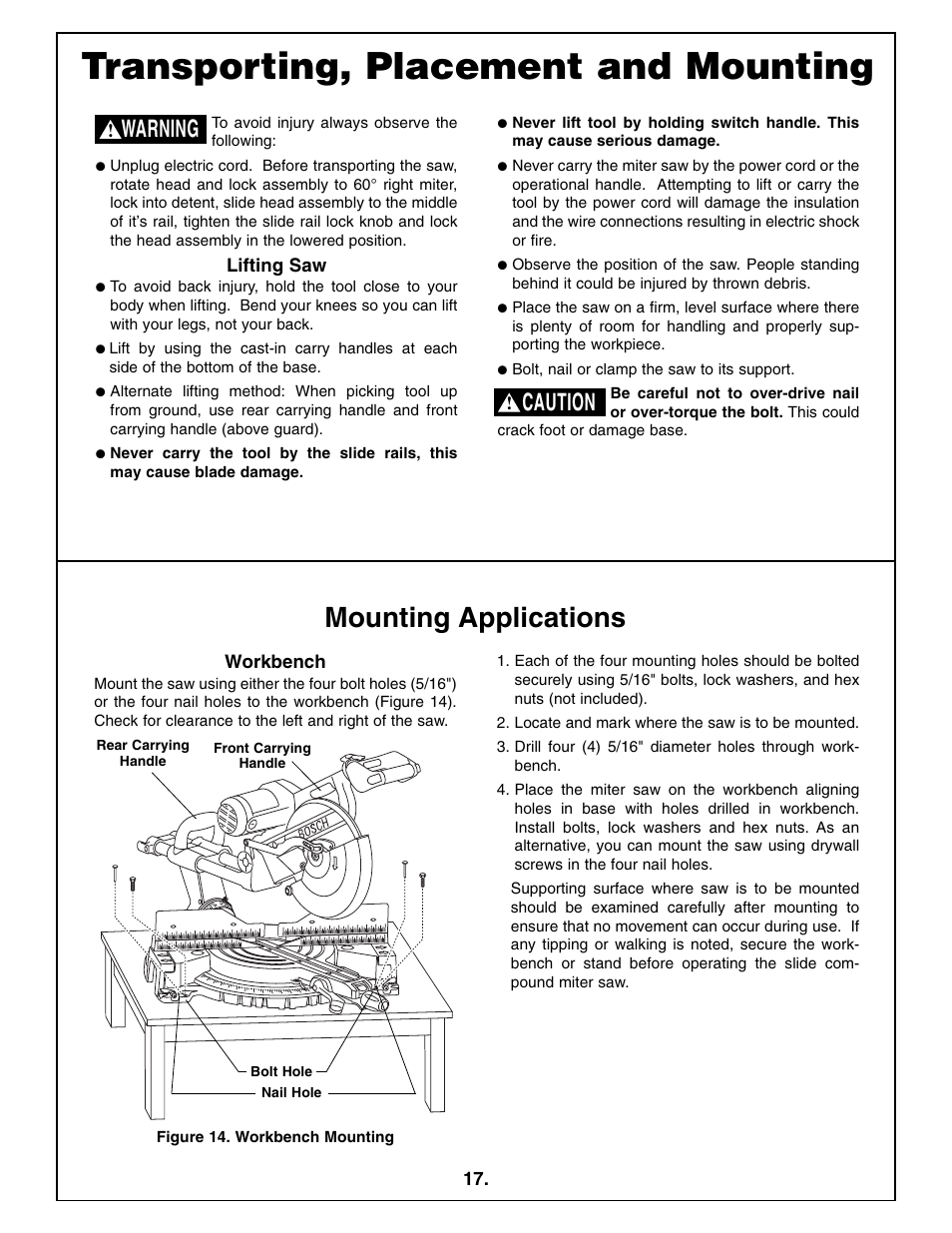 Transporting, placement and mounting, Mounting applications, Warning | Caution | Bosch 5412L User Manual | Page 17 / 112