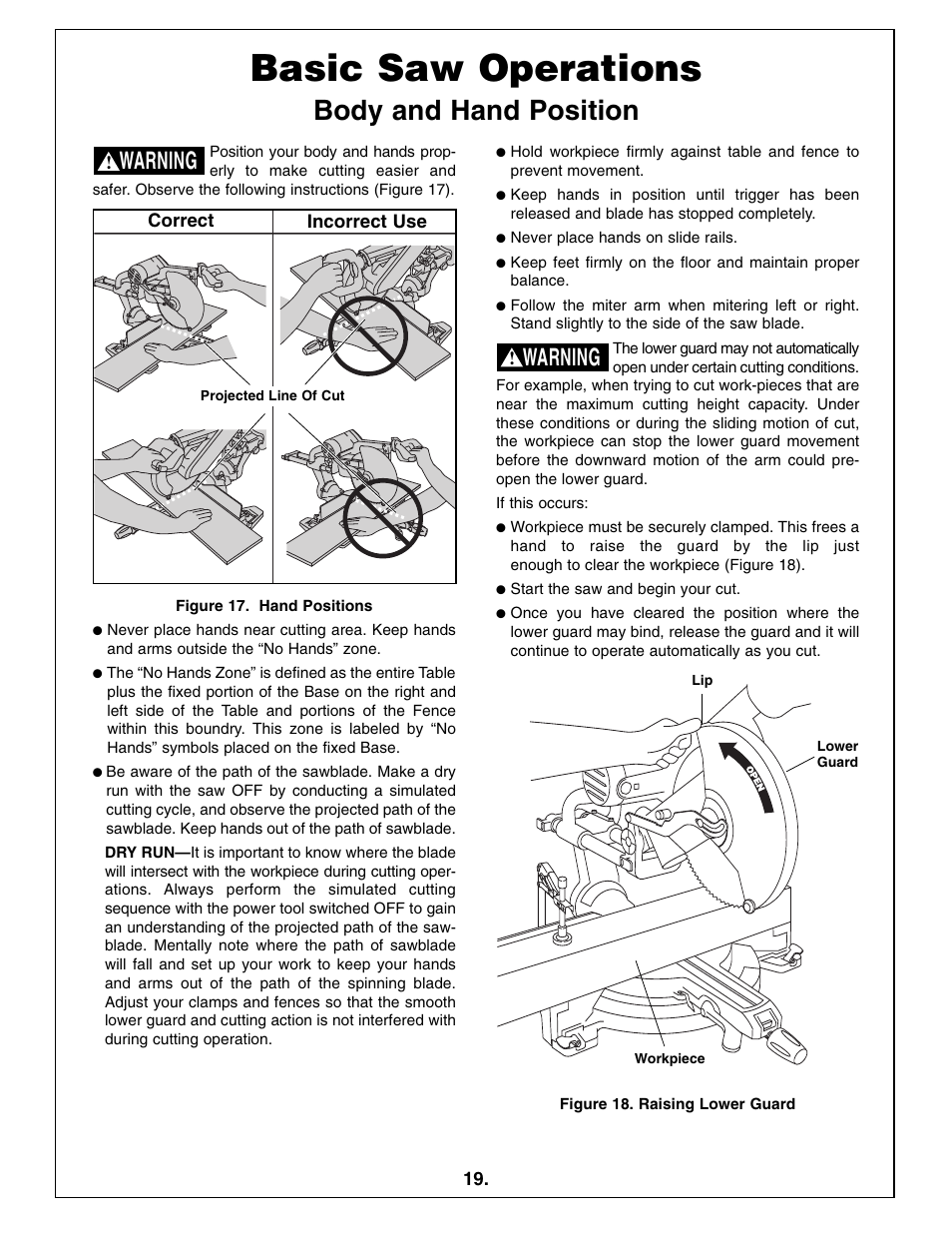 Basic saw operations, Body and hand position, Warning | Bosch 5412L User Manual | Page 19 / 112