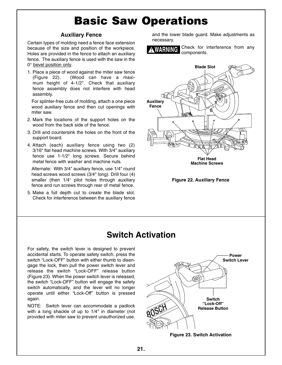 Basic saw operations, Switch activation, Warning | Bosch 5412L User Manual | Page 21 / 112