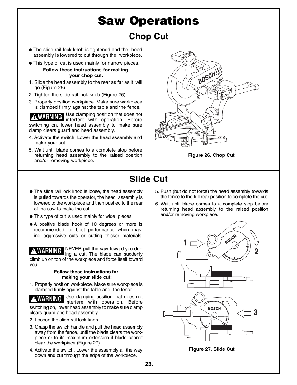 Saw operations, Slide cut chop cut, Warning | Bosch 5412L User Manual | Page 23 / 112