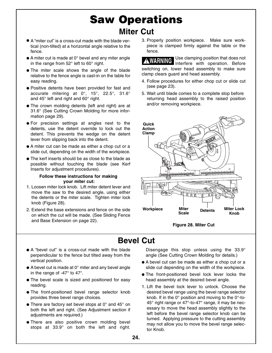 Saw operations, Miter cut bevel cut, Warning | Bosch 5412L User Manual | Page 24 / 112