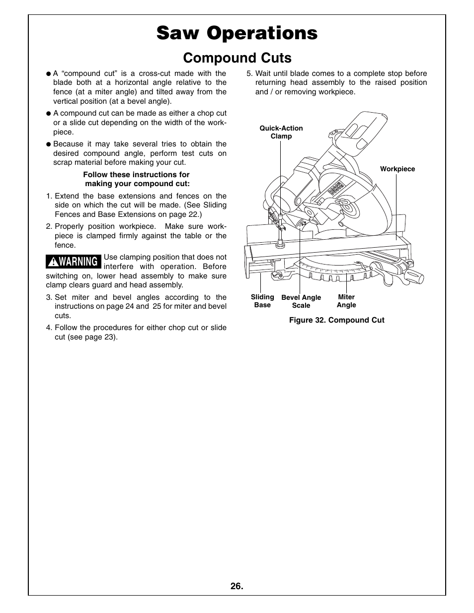 Saw operations, Compound cuts, Warning | Bosch 5412L User Manual | Page 26 / 112